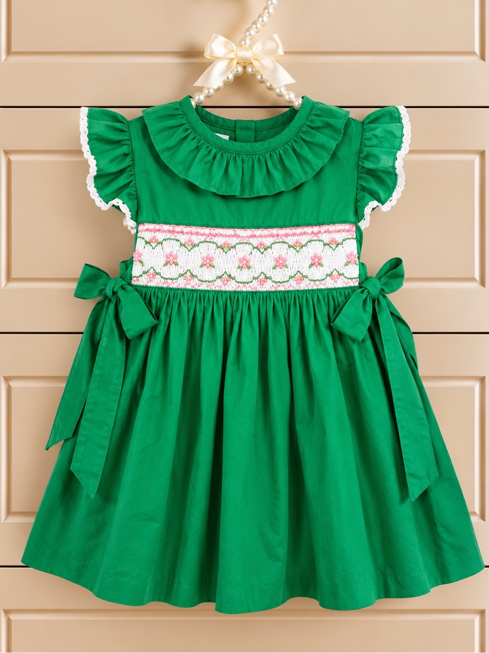 Smocked Ruffle Collar Girls Dress Embroidered Flowers Heirloom with Side Bows 4T